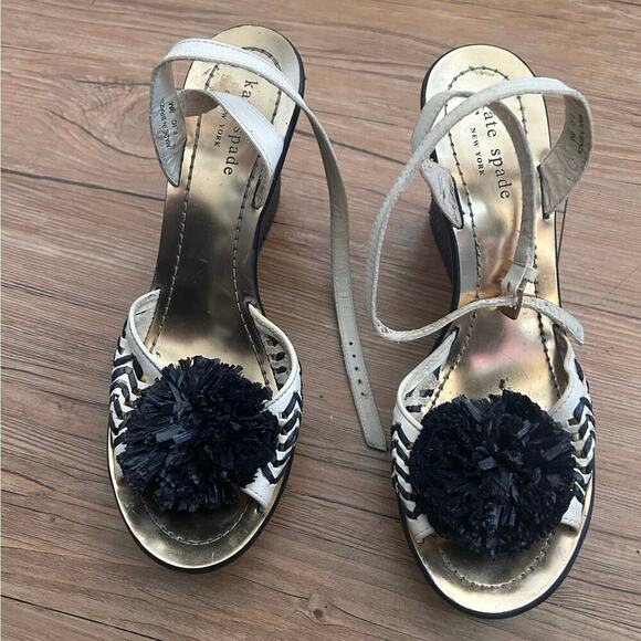 Preloved- Kate Spade Sandals Heels Black Ivory Leather Pom Pom Platform Wedges 8 - Picture 2 of 10